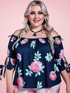 RUE 21 PLUS size Top 2X blue pink floral Off shoulder Tunic Women’s Shirt